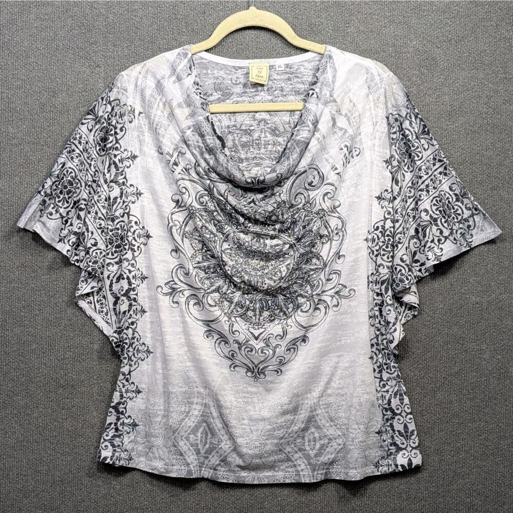Jess and Jane Top Womens XL Arch Medallion Drape Neck Indie Boho Black White